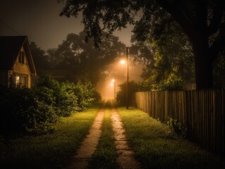 Foggy night scene of a residential street with glowing streetlights and houses in a quaint neighborhood