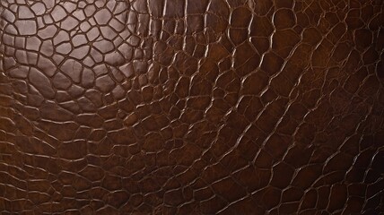 Close-up of rich brown leather texture, showcasing unique reptile-like pattern and natural creases.