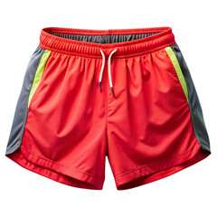 Bright red running shorts with gray and yellow accents isolated on transparent background