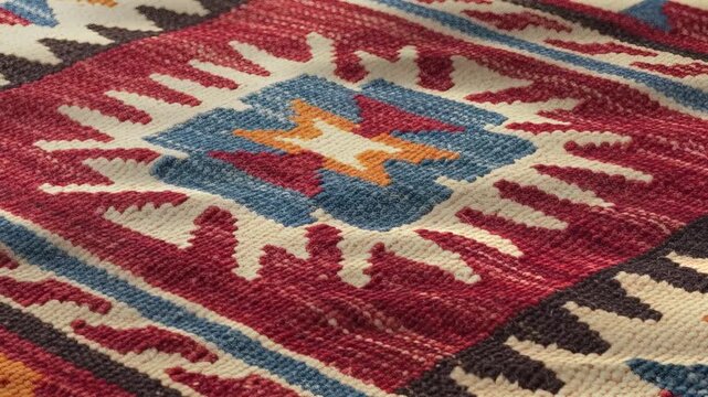 Close-up of a vibrant, handwoven traditional rug with a colorful geometric pattern and rustic texture.