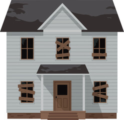 An old abandoned two story white house with boarded up windows and a dark roof on a white background