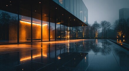 Modern architecture at twilight, reflected in water