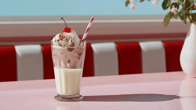 Indulge in a classic root beer float topped with vanilla ice cream and a cherry, served on a retro counter.