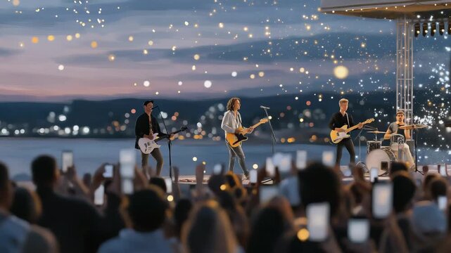Experience mesmerizing AR light effects at dusk during an electrifying live band performance.