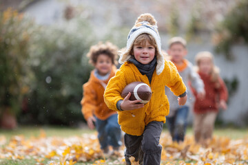 Joyful kids playing football outdoors in autumn. Cute child running with the ball. Perfect for childhood, family, sports, and seasonal themes. Energetic, happy vibe.