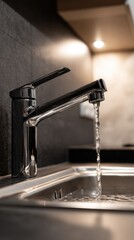 Chrome Faucet Dispensing Water into Stainless Steel Sink in Modern Kitchen Interior Low Angle Close Up