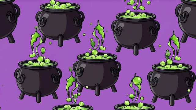 A seamless pattern featuring multiple black witch cauldrons filled with bubbling green potion on a purple background.