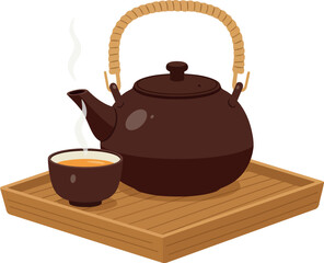 Traditional japanese tea ceremony with a dark brown teapot and small cup on a bamboo tray with steam rising