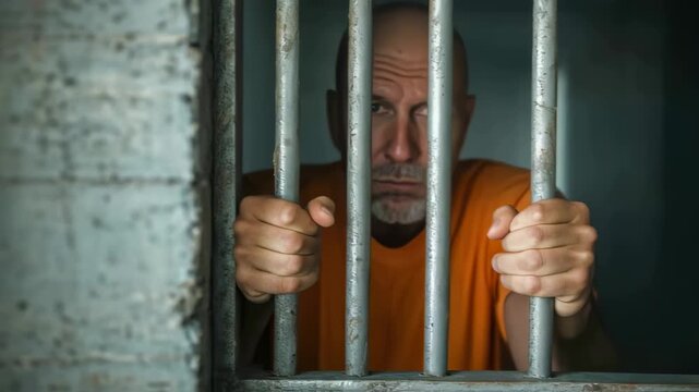 Adult male in orange shirt gripping prison bars with intense emotional expression, showing anger and despair through facial tension and tight hand grip.