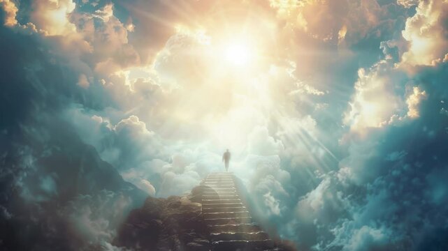 A person climbing upwards on cloudy stairs, suitable for use in concepts about perseverance or determination