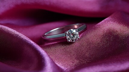 Elegant Diamond Engagement Ring Sparkling on Luxurious Pink Silk Fabric Close Up Macro Shot