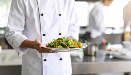 Chef presenting a fresh, vibrant salad in a professional kitchen setting