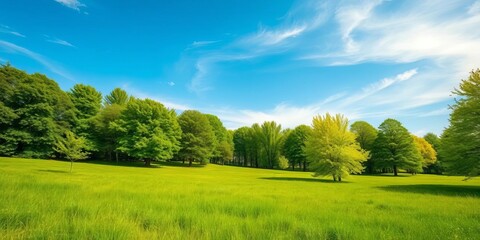 Obraz premium Serene green meadow, lush trees under a vibrant blue sky Ideal background, picturesque, trees