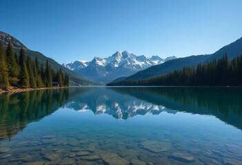Fototapeta premium Serene blue mountain range reflecting in a pristine forest lake Tranquil landscape, idyllic scenery, tranquil, serene