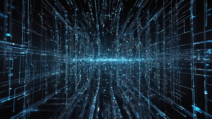 Obraz premium Futuristic digital tunnel with glowing blue lines and circuit-like patterns, evoking a sense of high-tech movement and innovation.