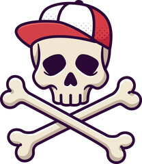 Cartoon skull and crossbones wearing a red and white baseball cap a modern twist on a classic danger symbol