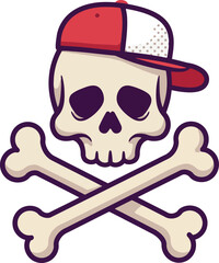 Cartoon skull and crossbones wearing a red and white baseball cap representing danger piracy or a rebellious attitude