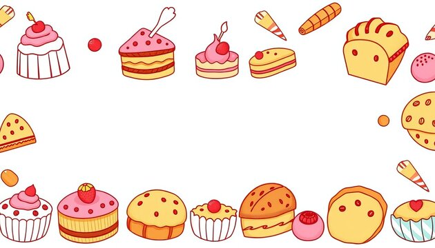 Seamless horizontal bakery border featuring cute hand-drawn cakes, pastries, and bread, background design, sweet