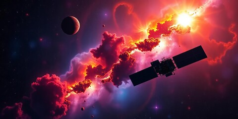 Obraz premium Satellite explores vibrant nebulae, cosmic dust, and glowing celestial bodies in a dazzling space scene, colorful, celestial