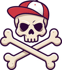 Cartoon skull and crossbones wearing a red and white baseball cap representing danger or a warning in a stylized graphic