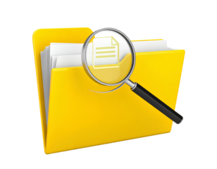 Yellow file folder with magnifying glass on top, document search icon concept, isolated on transparent background.