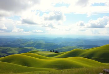 Obraz premium Rolling green hills under a bright, cloudy sky; panoramic landscape vector illustration, farm, sunny