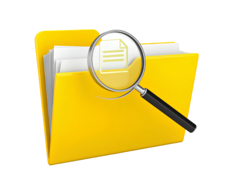 Yellow file folder with magnifying glass on top, document search icon concept, isolated on transparent background.