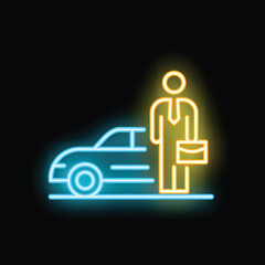 Neon glowing icon of businessman holding briefcase standing near car on black background