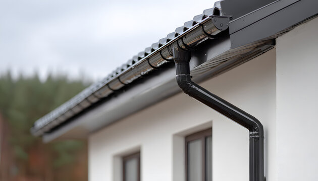 Close-up of seamless aluminum rain gutter on white house with dark roof. Sleek design efficiently manages water drainage. Material is durable, modern building component.