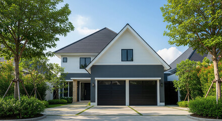 A stylish two-story home with a blue and white exterior and a double garage.