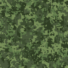 Abstract digital camouflage pattern. Seamless pixelated texture in shades of green. Ideal for backgrounds, textiles, militarythemed designs, and gaming projects.