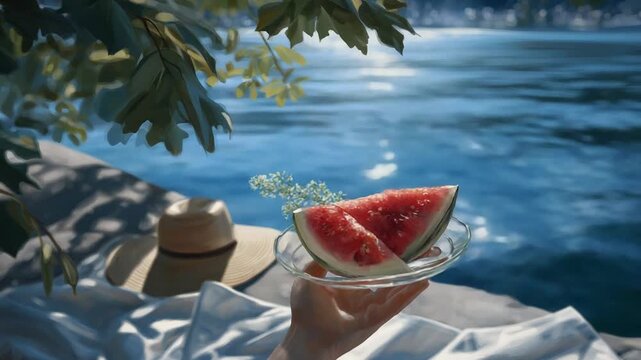 Enjoy a refreshing watermelon slice on a picnic blanket by the serene lakeside.