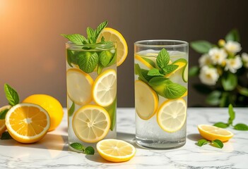 Refreshing lemon cucumber mint ginger infused water on marble Summer detox hydration,   healthy food,   antioxidants
