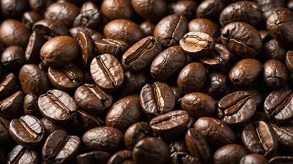 Close-up of rich, dark roasted coffee beans showcasing their glossy surface and deep brown color.