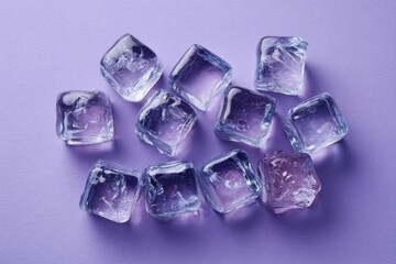 Ice Cubes on Purple Background Still Life Top View Coldness Refreshment Texture Detail Frozen Water Abstract Minimalist Clean Studio Shot
