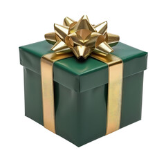 Fototapeta na wymiar Luxurious green present wrapped with shiny gold ribbon and bow, perfect for Christmas, holidays, birthdays, or special occasions.