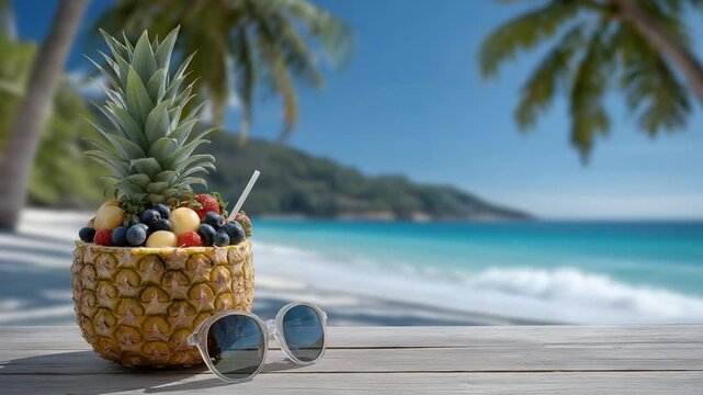 Enjoy a vibrant tropical fruit platter featuring mangoes and pineapples in a stunning beach setting.