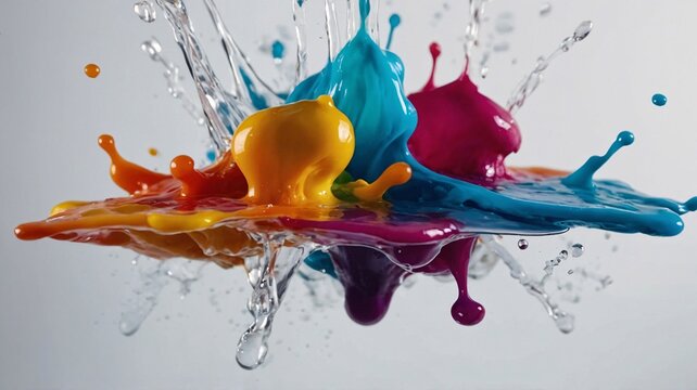 Vibrant splashes of blue, yellow, pink, and orange paint create an energetic display against a light background.