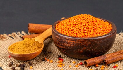 A wooden spoon holding turmeric powder sits next to a bowl of vibrant orange lentils, on a textured burlap surface, with cinnamon sticks and peppercorns.