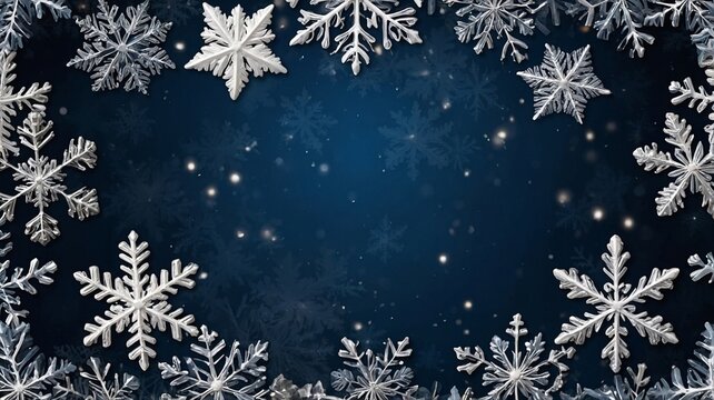 A stunning frame of silver snowflakes against a deep blue background, evoking a magical winter atmosphere.