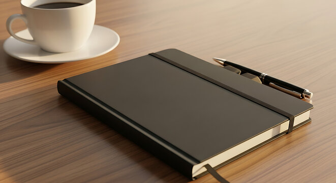 A black notebook rests on a wooden table, beside a cup of coffee and a pen.