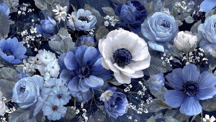 A vibrant floral design in shades of blue and white