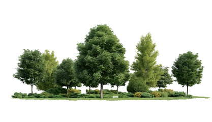 A group of green trees in a meadow, against a transparent background. cutout