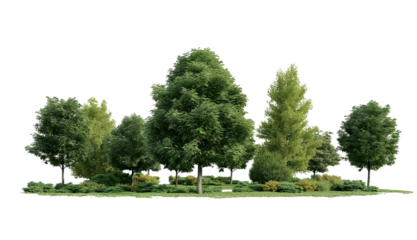 A group of green trees in a meadow, against a transparent background. cutout