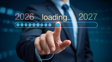 Businessman pressing button to load the year 2027 from 2026