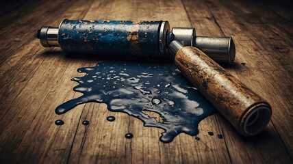 Obraz premium A vintage paint roller covered in blue paint rests on a wooden surface, with paint splatters adding texture.