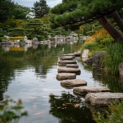 Serene Japanese Garden Pond with Stepping Stones and Reflections in Montreal Botanical Garden