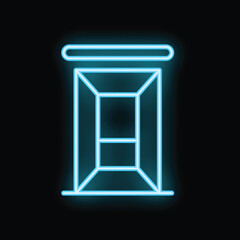 Blue neon icon of an elevator glowing brightly against a black background