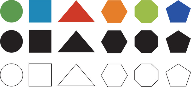 Set of Basic Shape Vector Icons Including Star, Square, Diamond, and Plus Sign in Color, Solid, and Outline Style for Web Icons, Educational Worksheets, Infographics, and Creative Graphic Design