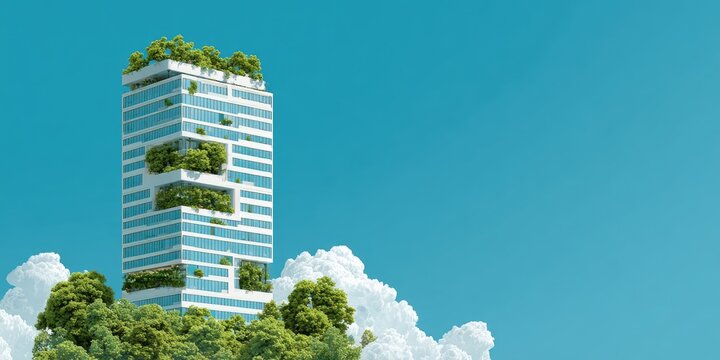 Modern skyscraper with lush green rooftop gardens - Powered by Adobe